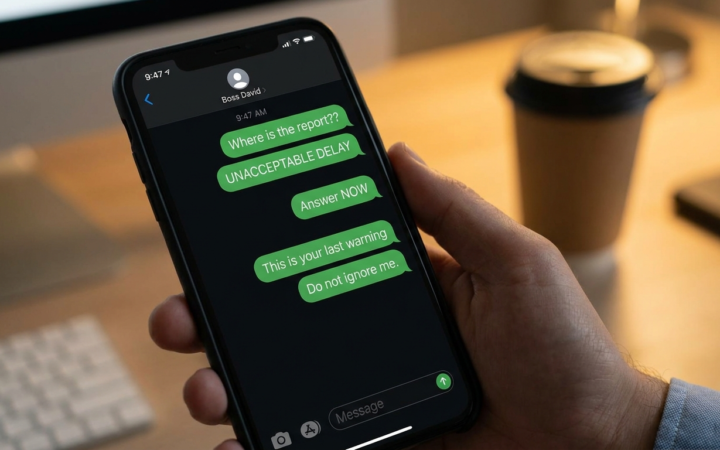 Tela de smartphone com mensagens agressivas de trabalho no WhatsApp, assedio moral digital