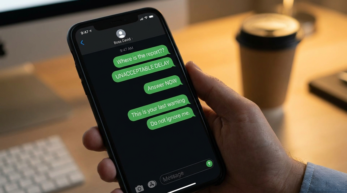 Tela de smartphone com mensagens agressivas de trabalho no WhatsApp, assedio moral digital