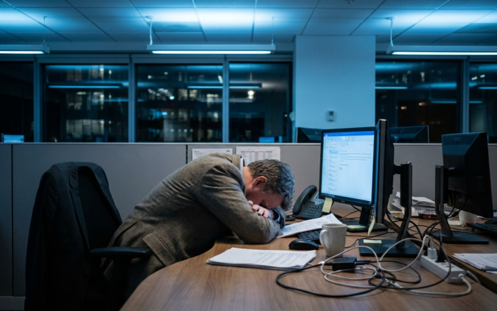 Profissional esgotado com cabeca baixa sobre a mesa, iluminacao fria, burnout no trabalho