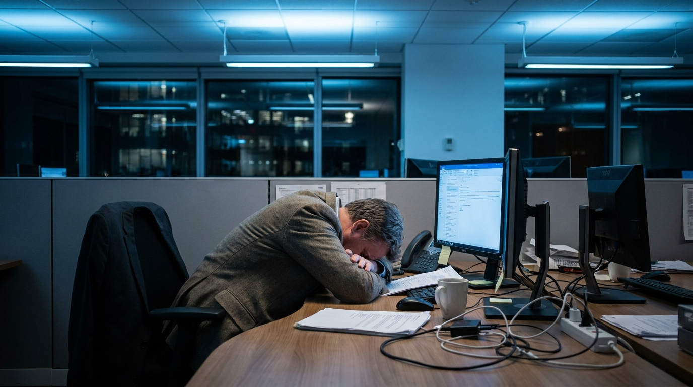Profissional esgotado com cabeca baixa sobre a mesa, iluminacao fria, burnout no trabalho
