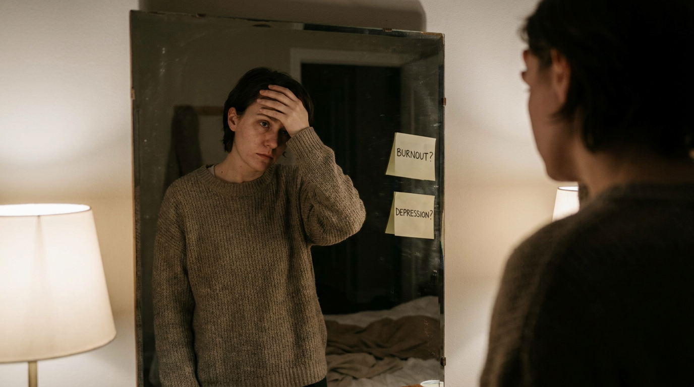 Pessoa pensativa em frente ao espelho com expressao de cansaco emocional, duvida entre burnout e depressao