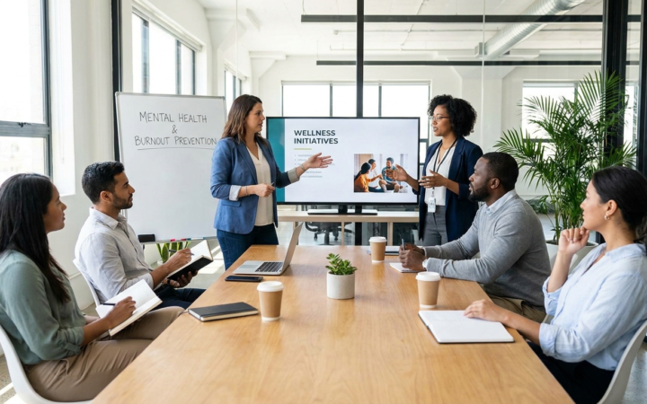 Lider em reuniao de equipe discutindo saude mental e prevencao de burnout