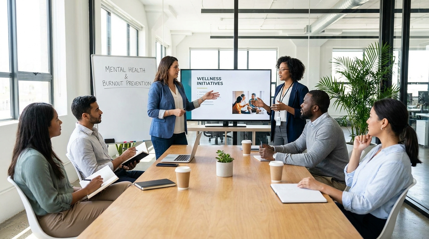Lider em reuniao de equipe discutindo saude mental e prevencao de burnout