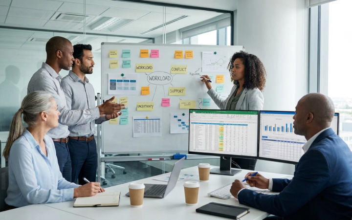 Equipe de RH mapeando riscos psicossociais em empresa, planilha e post-its em quadro branco