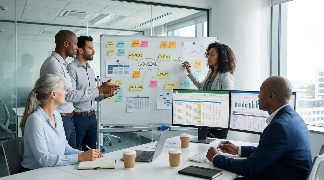 Equipe de RH mapeando riscos psicossociais em empresa, planilha e post-its em quadro branco